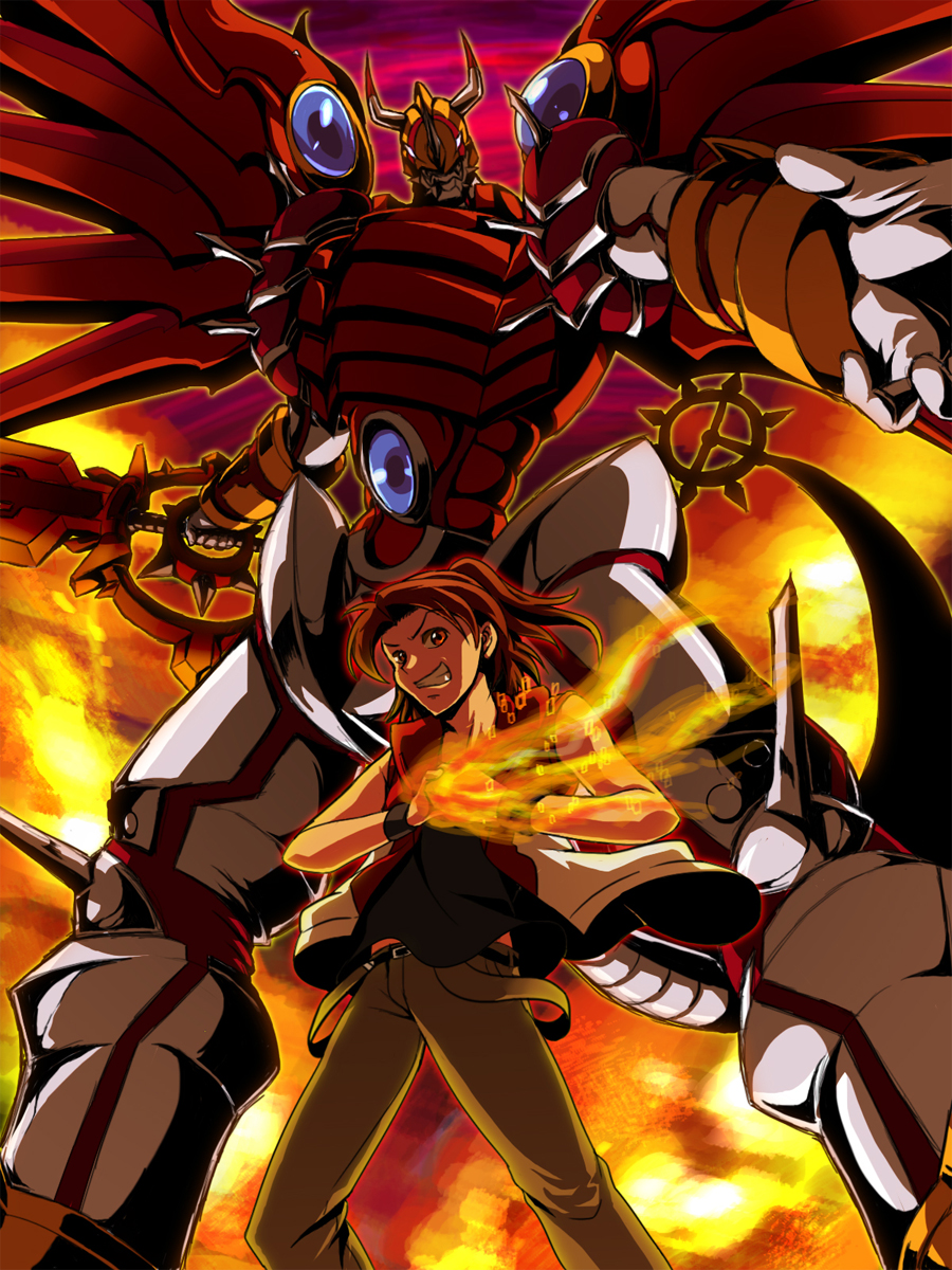 armor, aura, black_shirt, brown_hair, cowboy_shot, daimon_masaru_(digimon_savers), digimon, digimon_savers