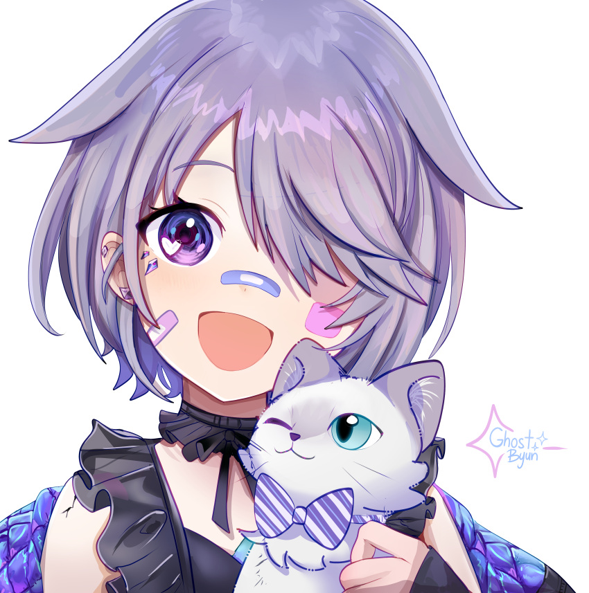 1girl, :d, absurdres, artist_name, baby_animal, bandaid, bandaid_on_cheek, bandaid_on_face