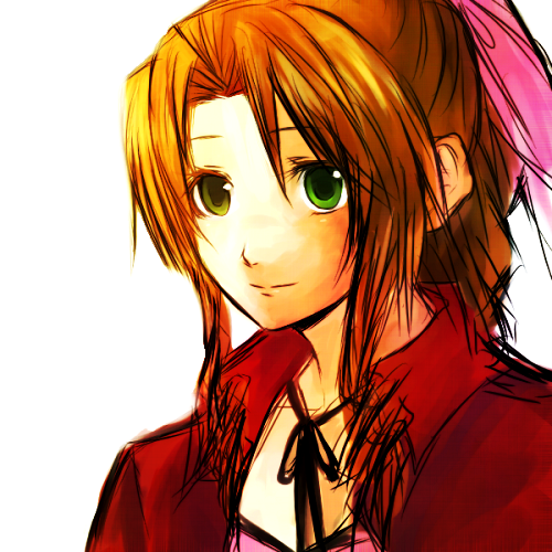 bolero, braid, brown_hair, choker, cropped_jacket, final_fantasy, final_fantasy_vii, green_eyes, gurozuki, hair_ribbon, long_hair, lowres, ponytail, ribbon, simple_background, single_braid, solo