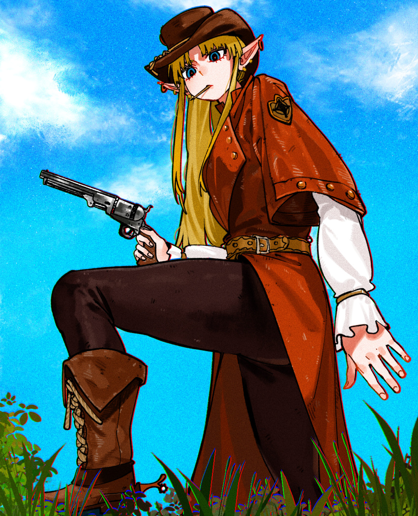 1girl, absurdres, badge, belt, black_pants, blonde_hair, blue_eyes, boots