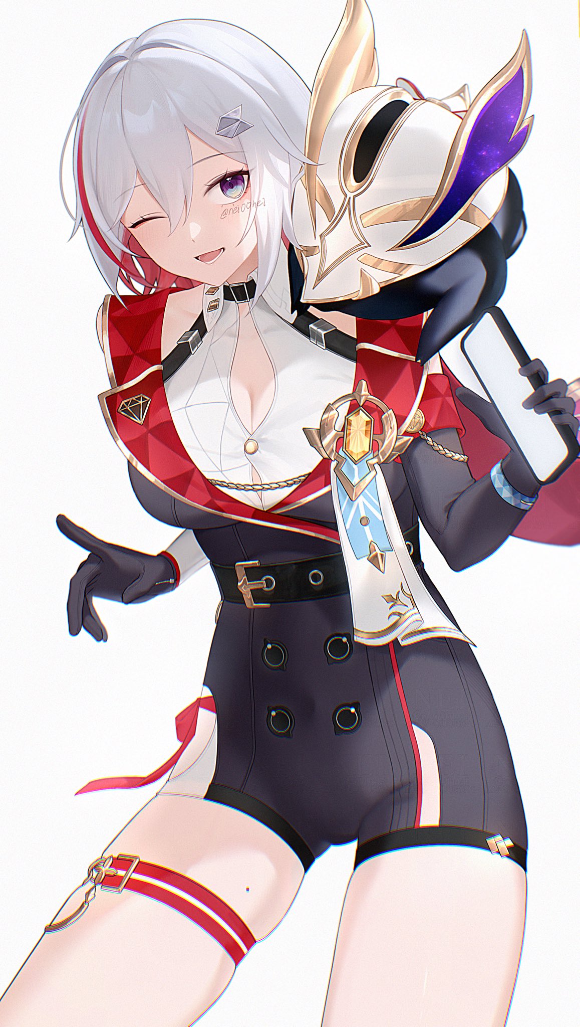 1girl, artist_name, belt, black_belt, black_bodysuit, black_collar, black_gloves, blue_eyes