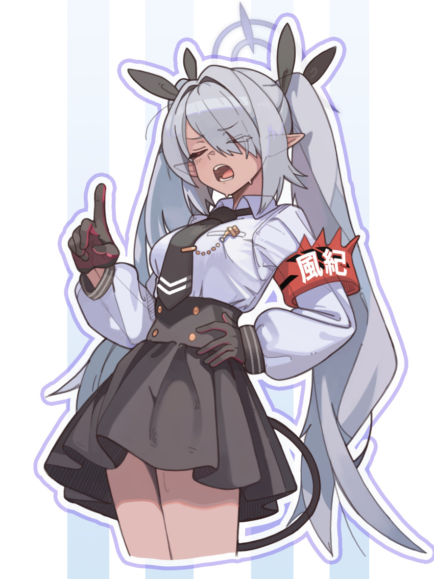 1girl, absurdres, armband, black_gloves, black_skirt, black_tail, blue_archive, blush, breasts, closed_eyes, collared_shirt, cowboy_shot, cropped_legs, dark-skinned_female, dark_skin, demon_tail, gloves, grey_hair, grey_halo, hair_ornament, hair_over_one_eye, hair_ribbon, halo, hand_on_own_hip, highres, index_finger_raised, iori_(blue_archive), long_hair, long_sleeves, medium_breasts, open_mouth, pointy_ears, rehu_(astd5787), ribbon, shirt, simple_background, skirt, solo, standing, sweatdrop, tail, very_long_hair, white_background, white_shirt
