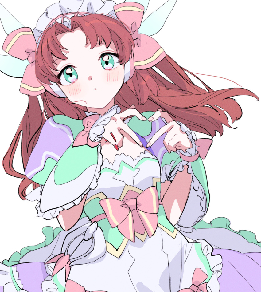 1girl, above-cleavage_cutout, apron, bow, chanramu, character_request, closed_mouth, clothing_cutout, curtained_hair, dot_mouth, dress, four-finger_heart_hands, frilled_apron, frills, green_eyes, green_trim, hair_bow, hands_up, heart, heart_hands, highres, light_blush, long_dress, long_hair, looking_ahead, maid_headdress, middle_part, pale_skin, pink_bow, puffy_short_sleeves, puffy_sleeves, purple_dress, red_hair, senki_zesshou_symphogear, short_sleeves, simple_background, solo, upper_body, white_apron, white_background, wind