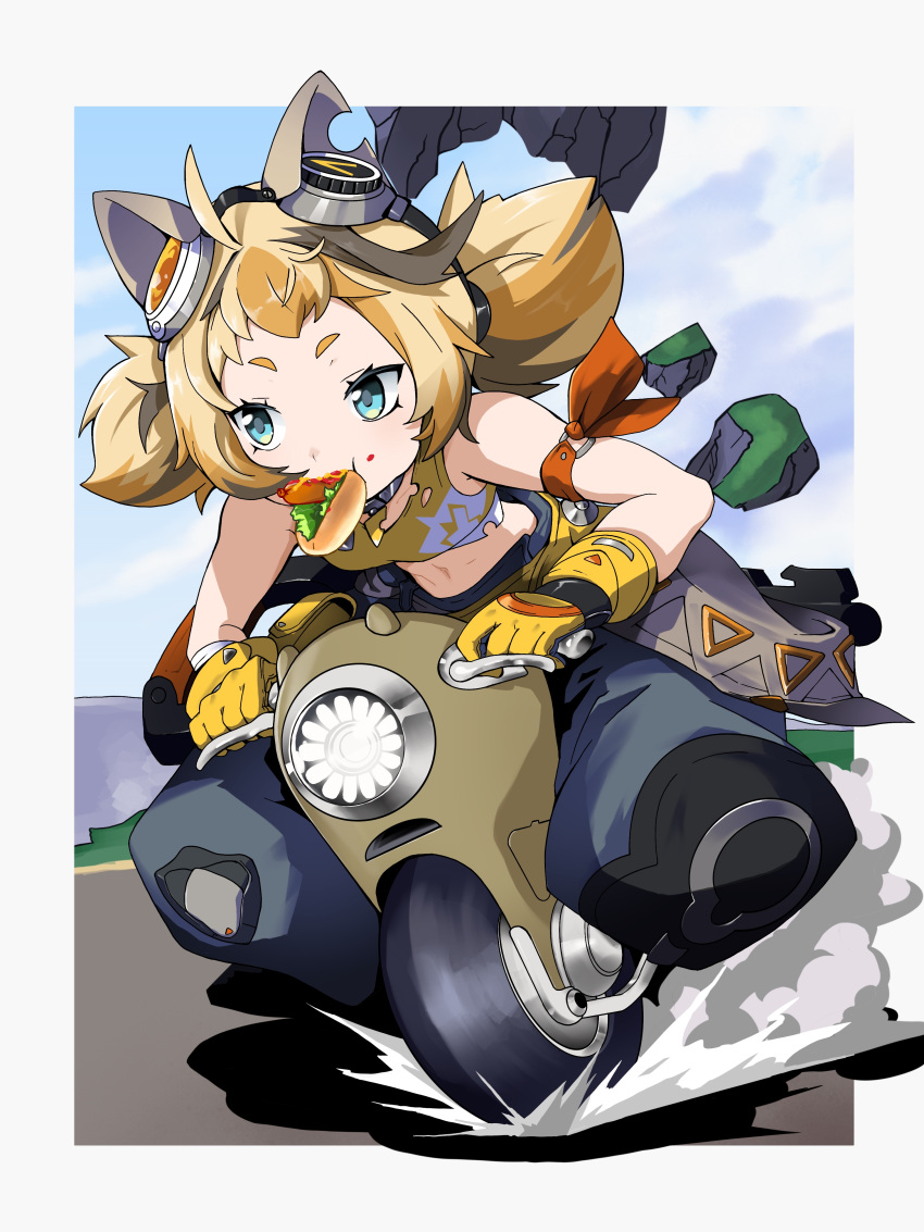 1girl, absurdres, bare_shoulders, blonde_hair, blue_eyes, eating, fate_trigger:_the_novita, hair_ornament