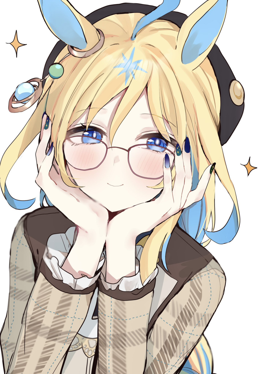 1girl, ahoge, alternate_hairstyle, animal_ears, beret, black_hat, blonde_hair, blue_eyes