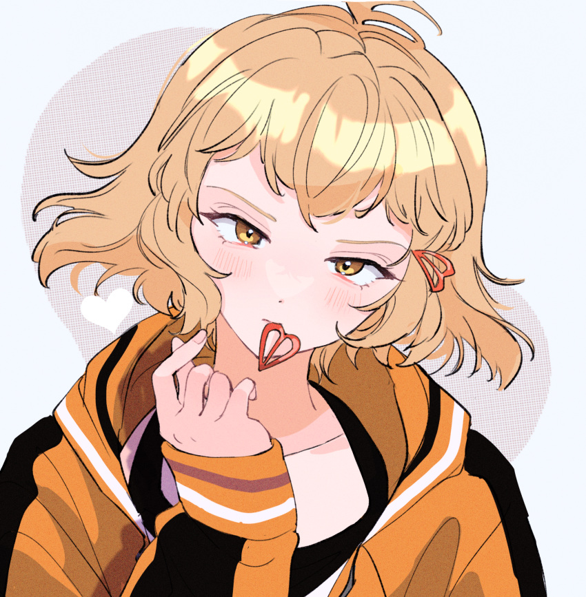 1girl, black_tank_top, black_trim, blonde_hair, chanramu, closed_mouth, collarbone, expressionless