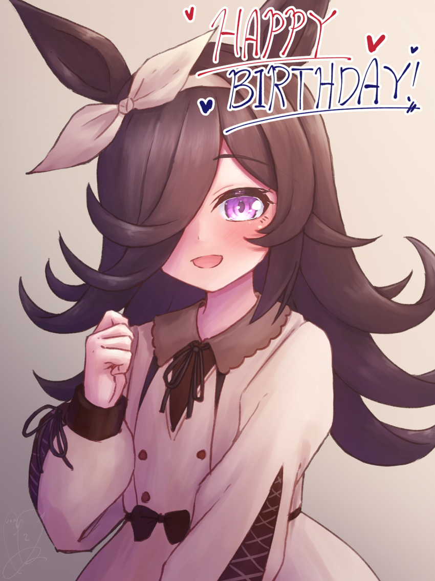 1girl, :d, absurdres, animal_ears, black_bow, black_hair, black_ribbon, blush
