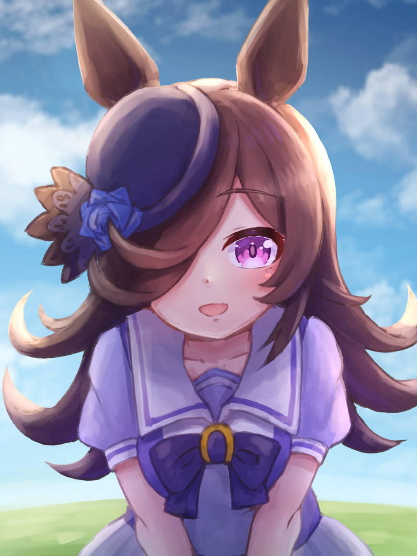 1girl, :d, animal_ears, blue_bow, blue_flower, blue_hat, blue_rose, blue_sky