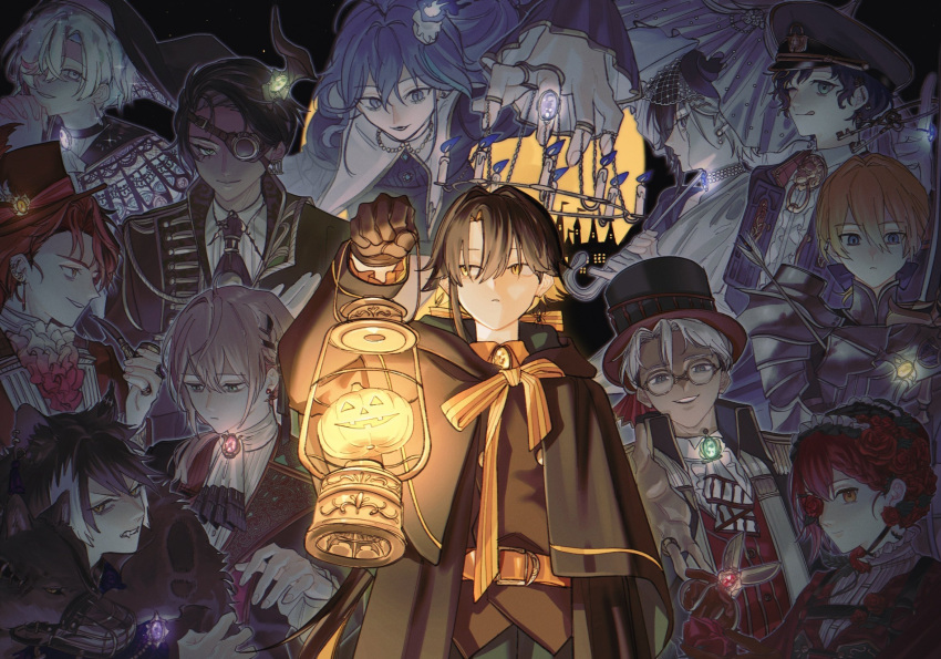 6+boys, ;q, aiguillette, alternate_costume, alternate_hairstyle, animal_ear_piercing, animal_ears, antenna_hair