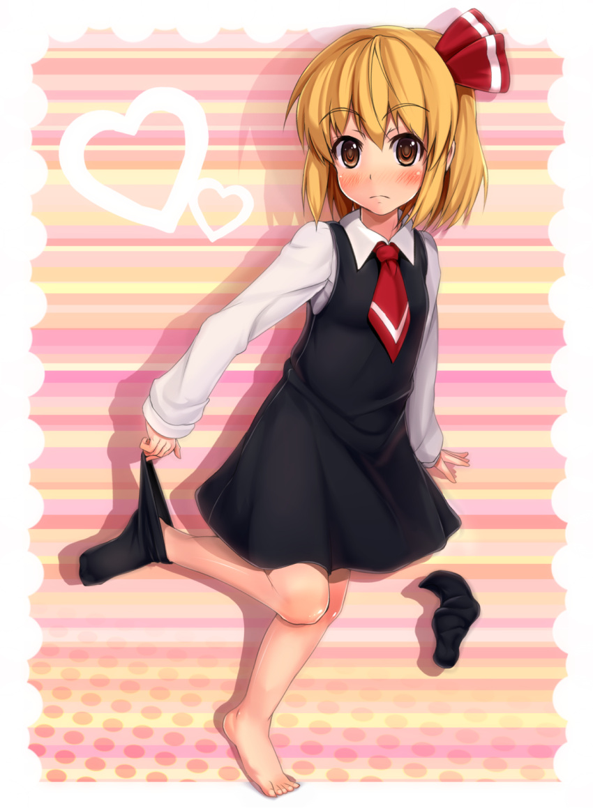 barefoot, blonde_hair, blush, bow, brown_eyes, dress, feet, frown