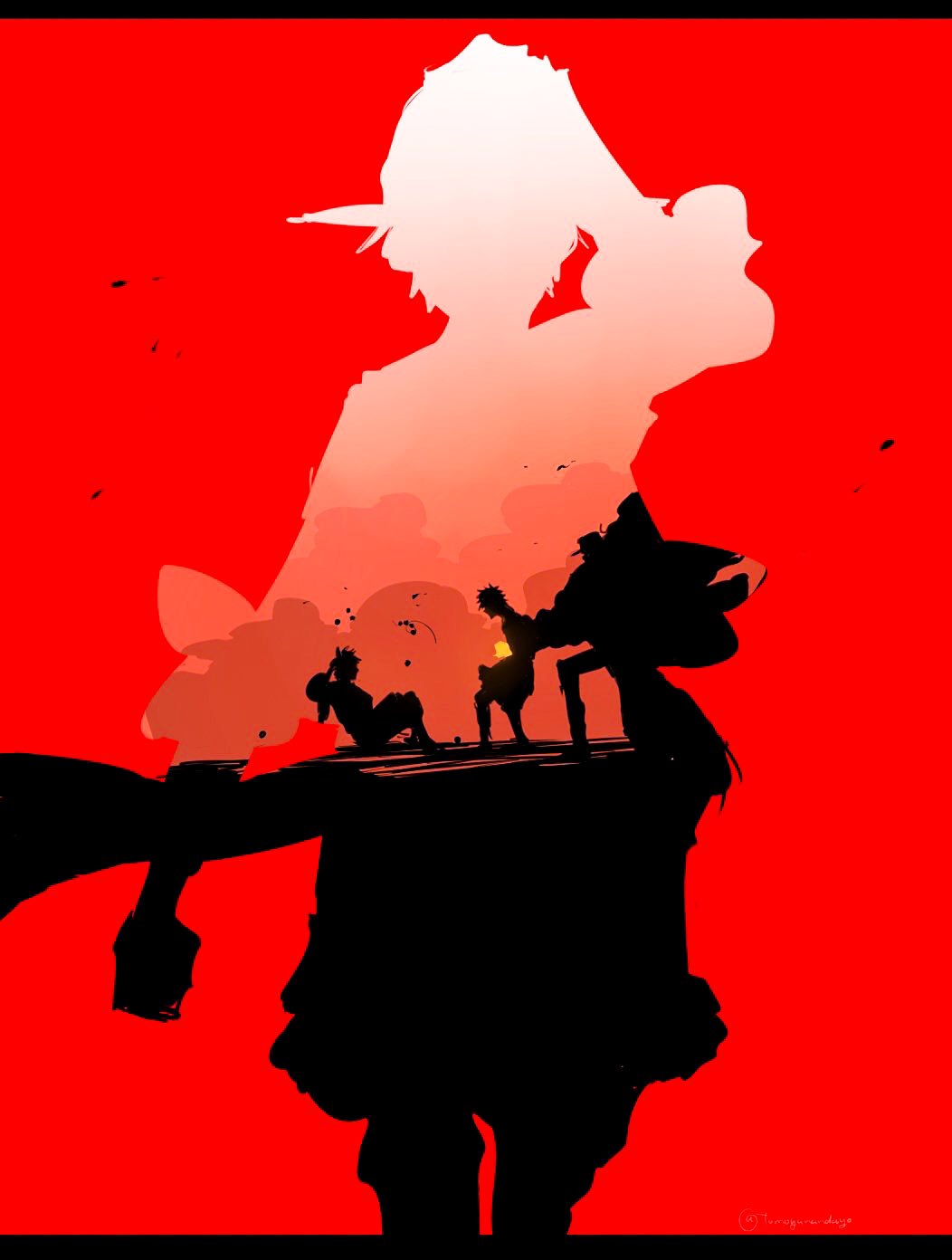 3boys, attack, brothers, clenched_hand, commentary_request, fire, floating_clothes, hand_on_headwear