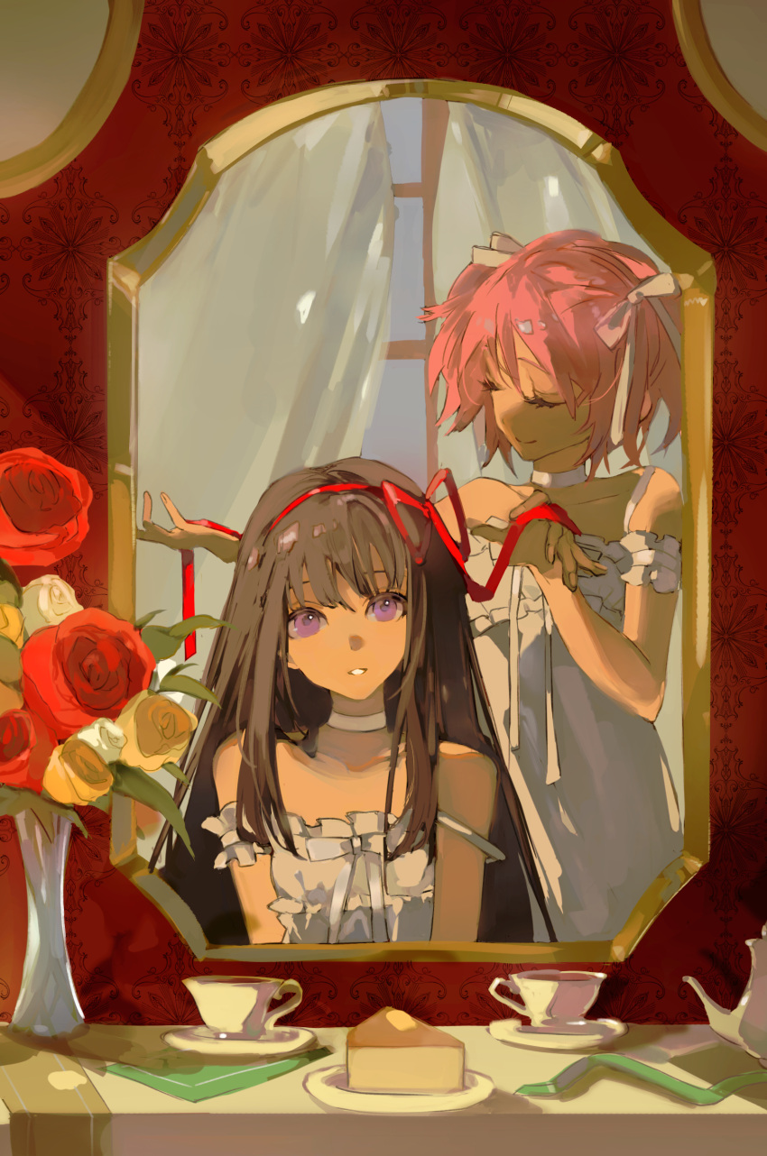 2girls, absurdres, adjusting_another's_hair, akemi_homura, alternate_costume, bare_shoulders, black_hair, blue_sky
