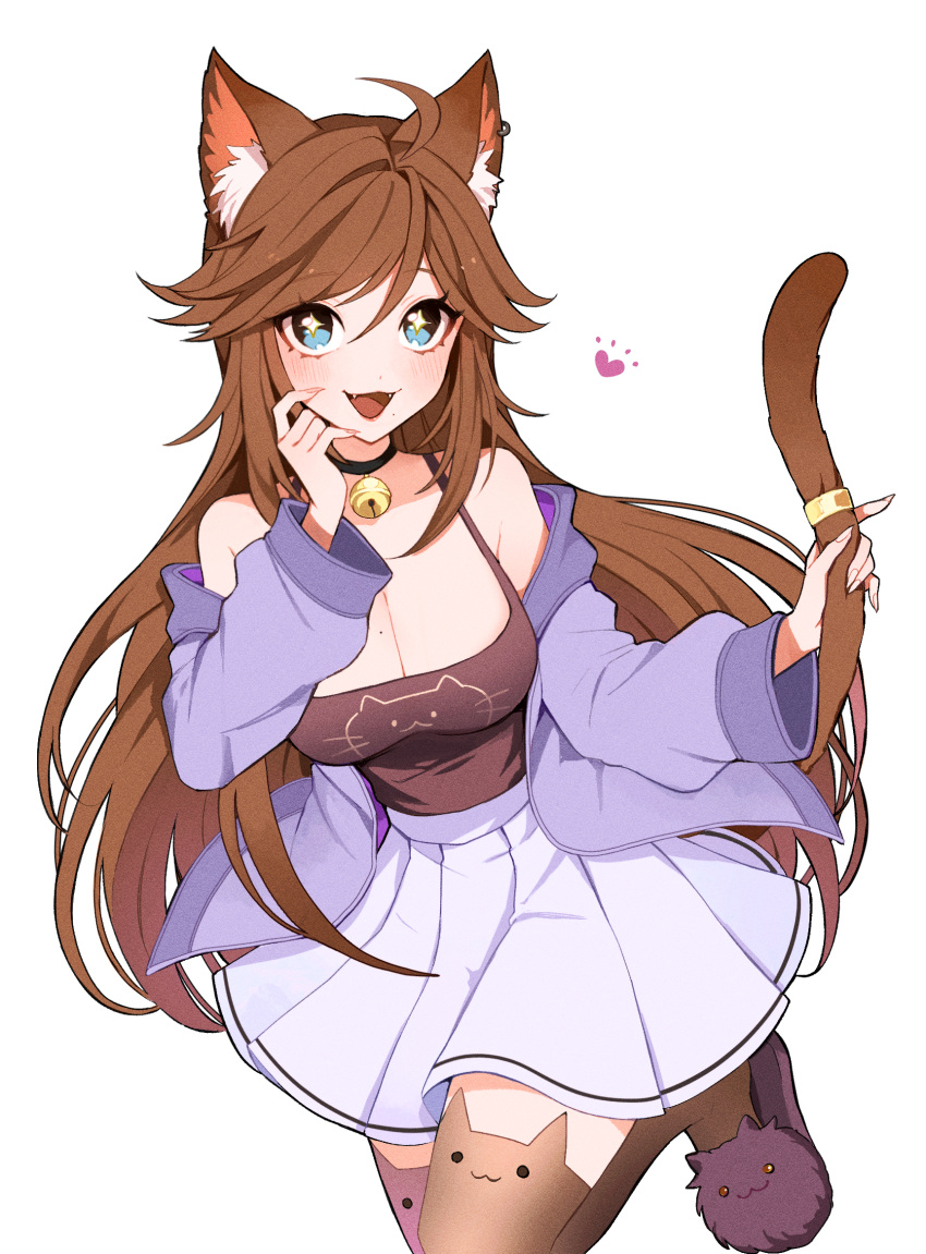 +_+, ahoge, animal_ears, bell, blue_eyes, breasts, brown_hair, cat_ears, cat_girl, cat_tail, chelzor_the_destroyer, collar, fangs, fingernails, highres, hood, hoodie, large_breasts, long_fingernails, neck_bell, nekosuitai_yo, non-web_source, pleated_skirt, skirt, slippers, tail, tail_ornament, tail_ring, tank_top, thigh-highs, virtual_youtuber