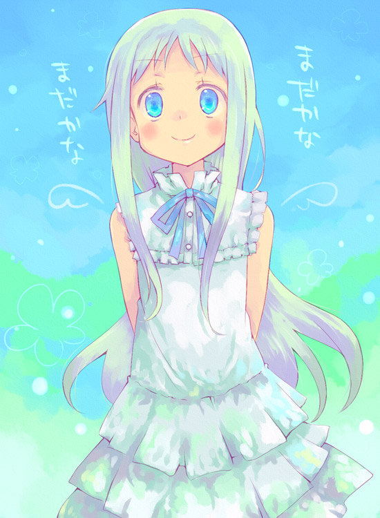 arms_behind_back, bare_shoulders, blue_eyes, blush, dress, frills, honma_meiko, long_hair