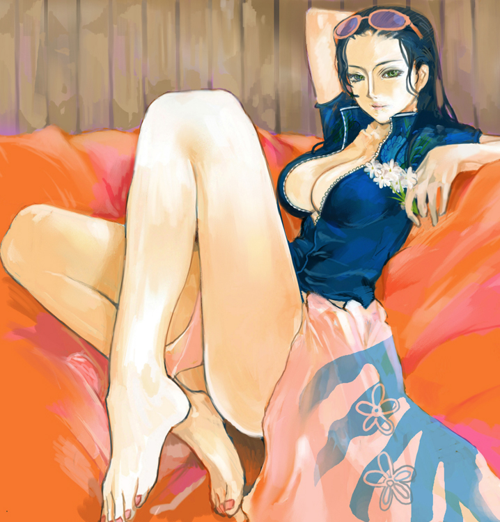 black_hair, breasts, center_opening, cleavage, feet, flower, foreshortening, green_eyes