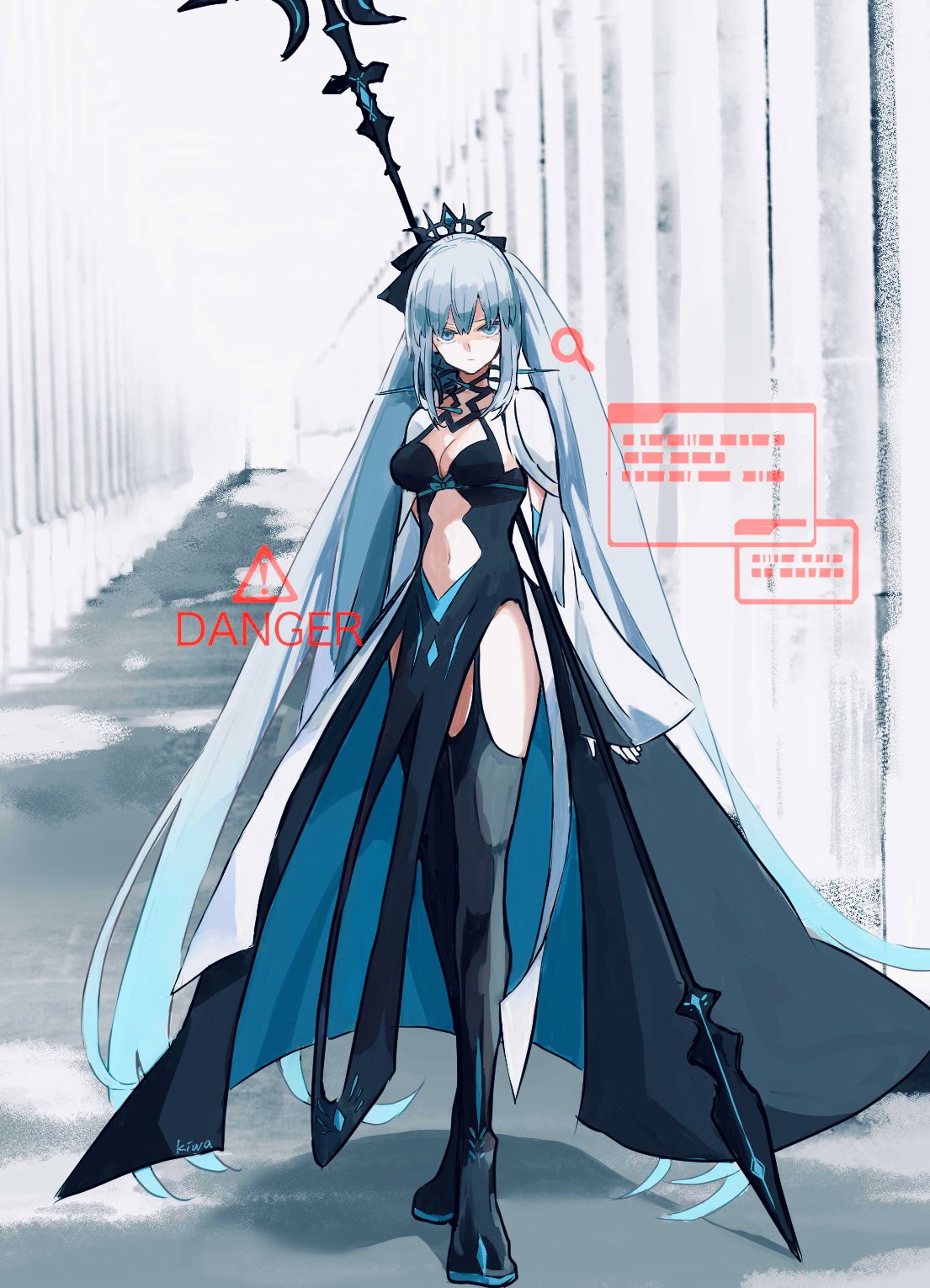 1girl, black_bow, black_dress, black_tiara, blue_eyes, bow, braid, dress