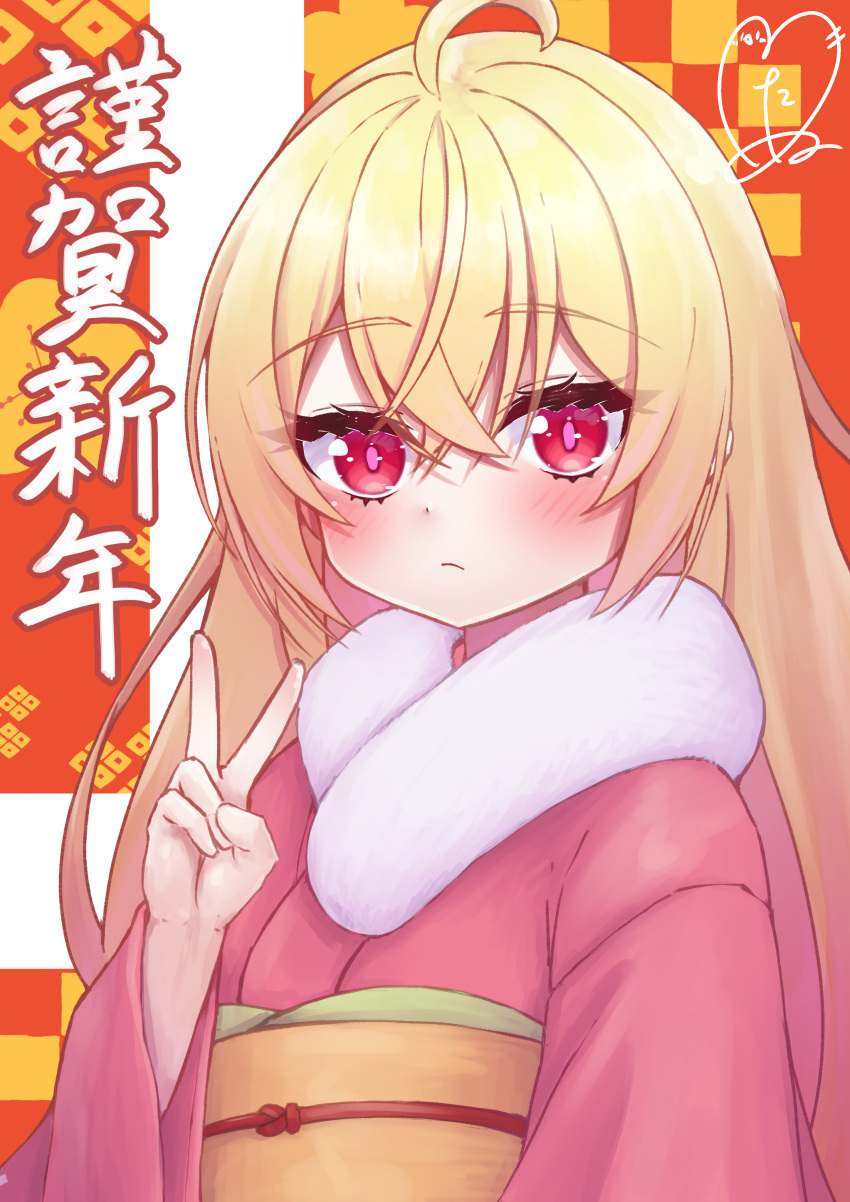 1girl, absurdres, ahoge, blonde_hair, blush, closed_mouth, commentary_request, crossed_bangs