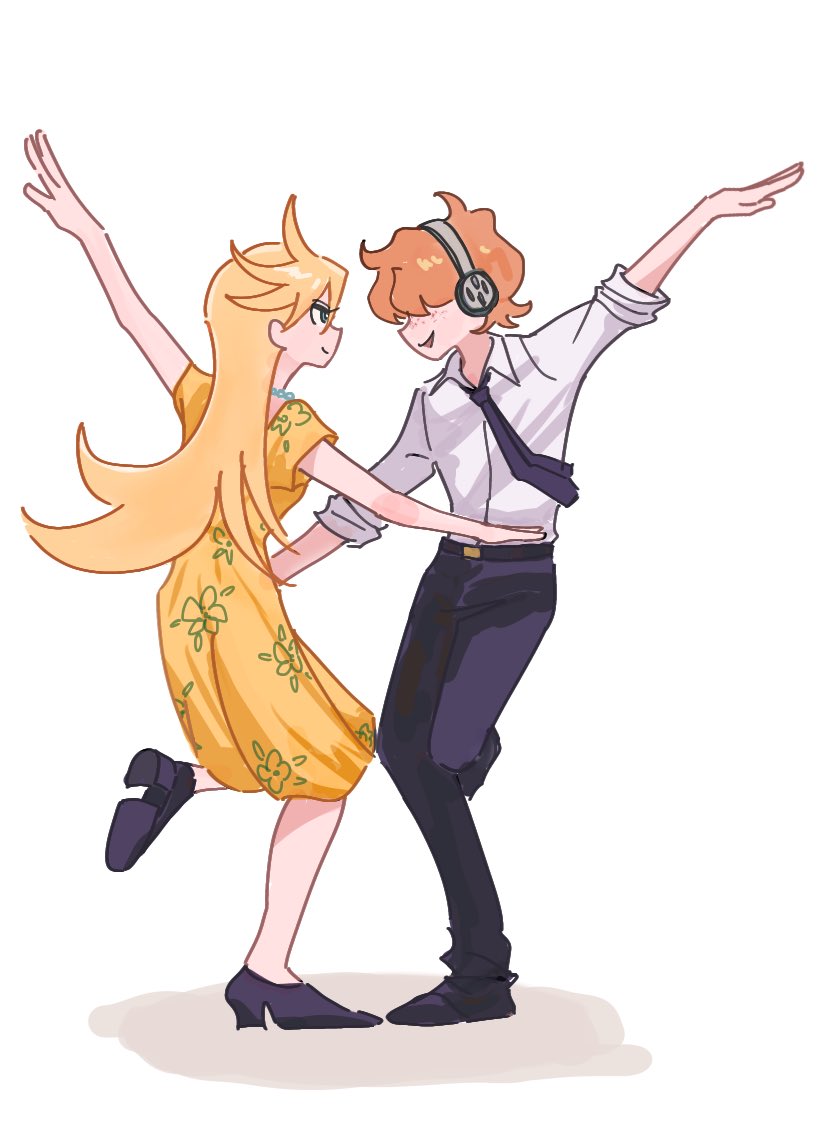 1boy, 1girl, blonde_hair, brief_(psg), couple, dancing, dress, floral_dress, freckles, hair_over_eyes, headphones, jewelry, la_la_land, necklace, necktie, panty_&amp;_stocking_with_garterbelt, panty_(psg), pearl_necklace, shirt, white_background, wpous121, yellow_dress