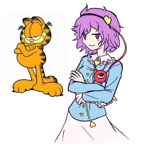 1boy, 1girl, :3, black_hairband, blue_shirt, cat, crossed_arms, duskworks_ura, garfield, garfield_(character), hairband, hashtag-only_commentary, heart, komeiji_satori, long_sleeves, lowres, shirt, simple_background, skirt, third_eye, touhou, violet_eyes, white_background