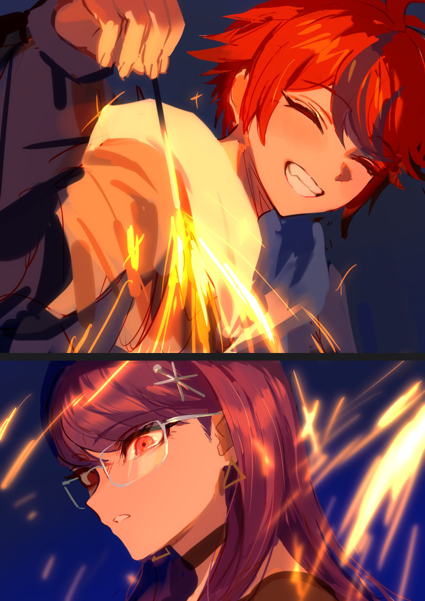 1boy, 1girl, absurdres, ahoge, black_choker, black_streaks, blush, choker