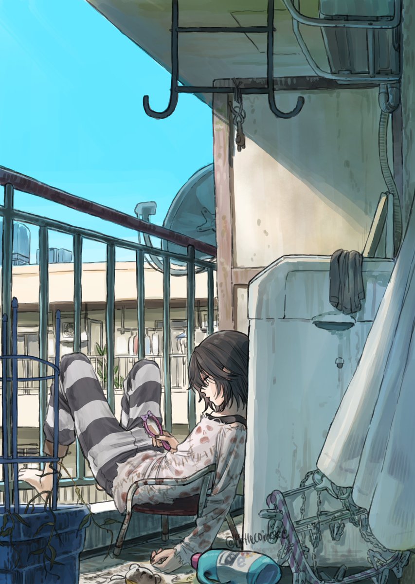 1boy, barefoot, black_hair, chair, day, hand_mirror, hashtag-only_commentary, highres