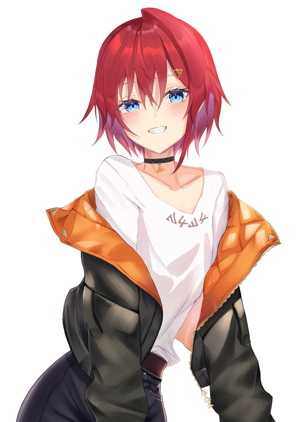 1girl, ange_katrina, ange_katrina_(5th_costume), belt, black_choker, blue_eyes, blue_pants, blush