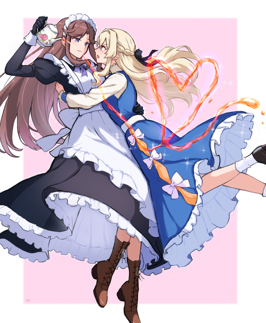 2girls, alternate_costume, alternate_hairstyle, apron, arm_up, back_bow, black_bow, black_dress