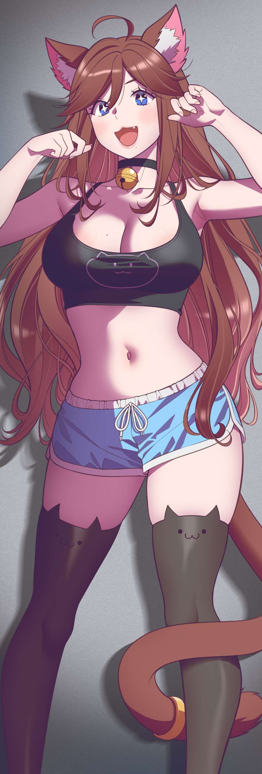 absurdres, ahoge, andrian_januar_adilia, animal_ears, armpits, bell, black_choker, blue_eyes, brown_hair, cat_ears, cat_girl, cat_tail, chelzor_the_destroyer, choker, fang, highres, navel, neck_bell, non-web_source, presenting_armpit, short_shorts, shorts, tail, tailring, tank_top, thigh-highs, virtual_youtuber