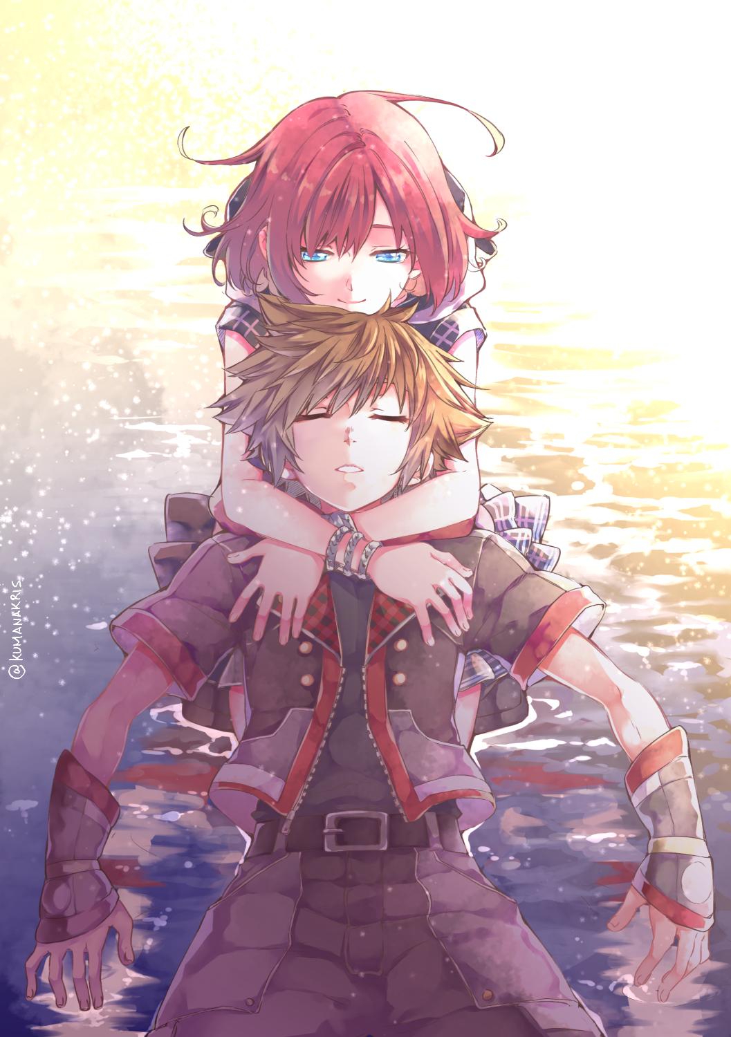 1boy, 1girl, ana_c._sanchez, belt, belt_buckle, blue_eyes, bracelet, brown_hair