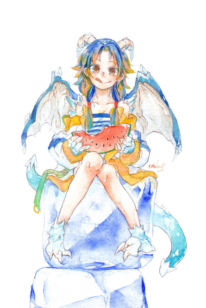 1girl, :q, animal_feet, animal_hands, bare_shoulders, blonde_hair, blue_hair, blue_tail