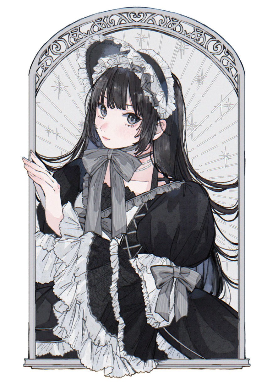 1girl, aizawa_risa, black_bonnet, black_dress, black_eyes, black_hair, bonnet, closed_mouth