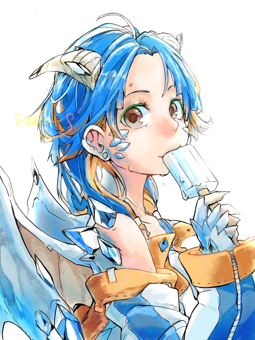 1girl, absurdres, ahoge, bare_shoulders, blue_hair, blue_wings, brown_eyes, closed_mouth