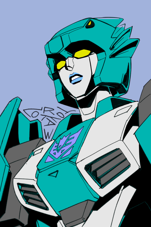 1girl, blue_background, colored_skin, decepticon, extra_eyes, green_helmet, green_lips, helmet