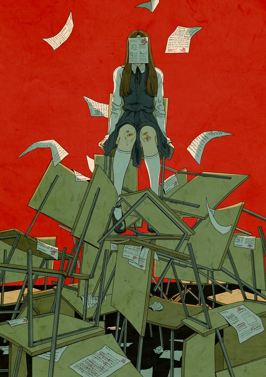 1girl, academic_test, bandaid, bandaid_on_knee, bandaid_on_leg, black_ribbon, black_shoes, black_skirt, black_sweater_vest, brown_hair, chair, collared_shirt, covered_face, english_commentary, falling_paper, highres, ionomycin, kneehighs, long_hair, long_sleeves, mary_janes, neck_ribbon, on_chair, original, parted_hair, pile_of_chairs, red_background, ribbon, school_chair, shirt, shoes, simple_background, sitting, skirt, socks, solo, sweater_vest, test_score, white_shirt, white_socks