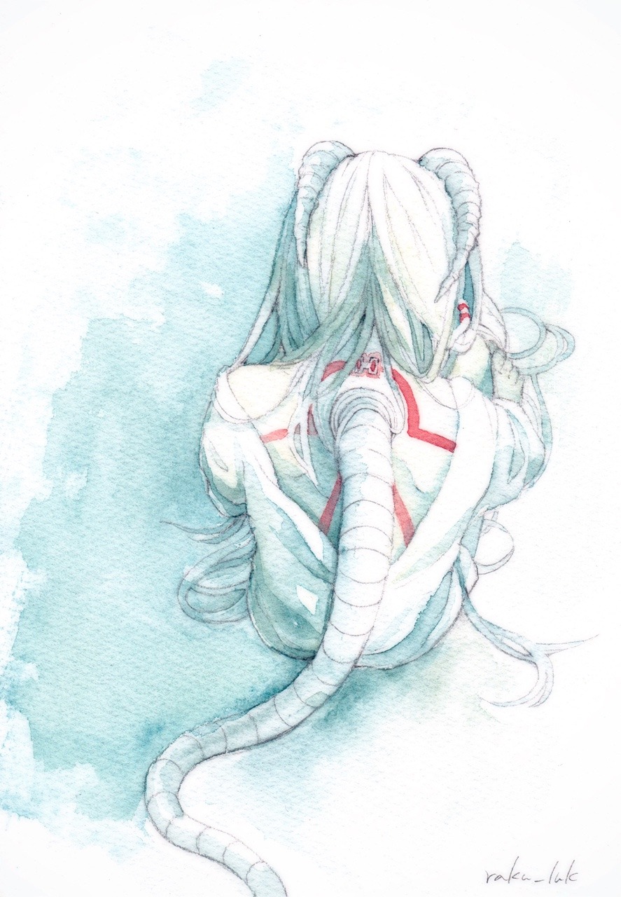 1other, artist_name, cable, colored_skin, from_above, from_behind, full_body, hair_over_shoulder, hair_spread_out, highres, horns, long_hair, low_neckline, markings, original, other_focus, painting_(medium), parted_hair, sakai_raku, shadow, shirt, sitting, solo, spot_color, straight_hair, traditional_media, very_long_hair, watercolor_(medium), white_hair, white_horns, white_shirt, white_skin