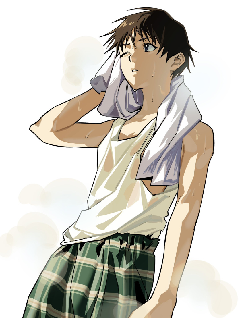 1boy, arm_up, bare_shoulders, brown_hair, commentary, commentary_request, cowboy_shot, dutch_angle