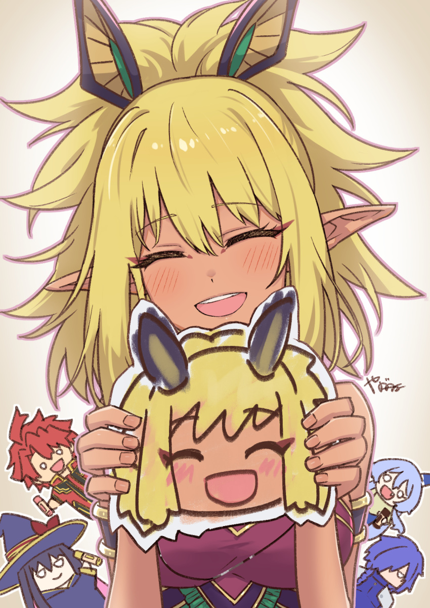 2boys, 3girls, asagaki_togo, blonde_hair, blush, closed_eyes, dark_elf, elf