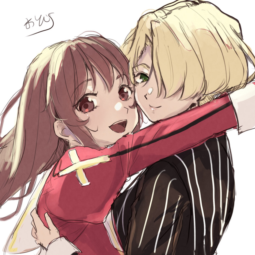 black_suit, blonde_hair, blush, brown_eyes, brown_hair, collar, cross, dress, erica_fontaine, green_eyes, hair_over_one_eye, highres, hug, janome_(batako), juliet_sleeves, latin_cross, long_hair, long_sleeves, looking_at_viewer, maria_tachibana, open_mouth, pinstripe_pattern, pinstripe_suit, puffy_sleeves, red_dress, sakura_taisen, sakura_taisen_iii, short_hair, sidelocks, smile, suit, white_collar
