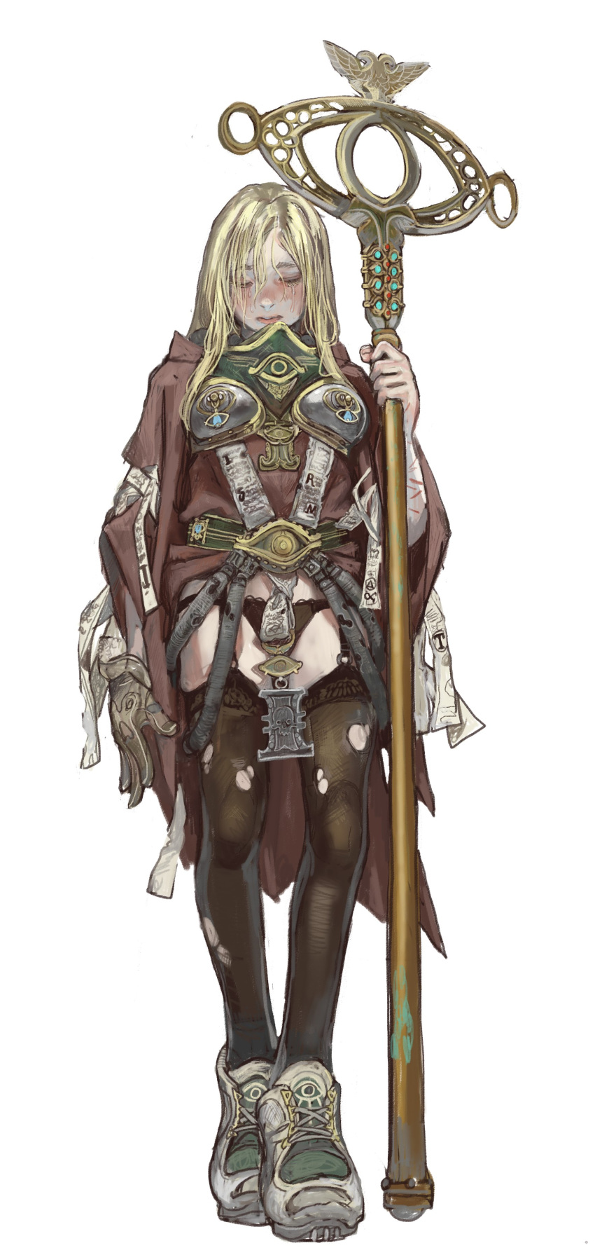 1girl, absurdres, adeptus_astra_telepathica, armor, belt, blonde_hair, closed_eyes, highres, holding, mossacannibalis, pantyhose, robe, solo, underwear, warhammer_40k, white_background