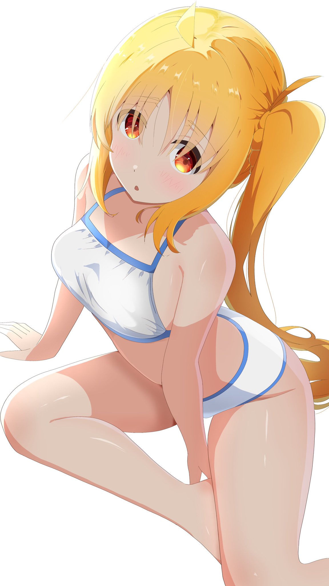 1girl, ahoge, awaco_ruku, bikini, blonde_hair, blush, bocchi_the_rock!, detached_ahoge, eyes_visible_through_hair, hair_between_eyes, highres, ijichi_nijika, long_hair, looking_at_viewer, one_side_up, open_mouth, red_eyes, shirt, side_ponytail, solo, swimsuit, white_background, white_bikini