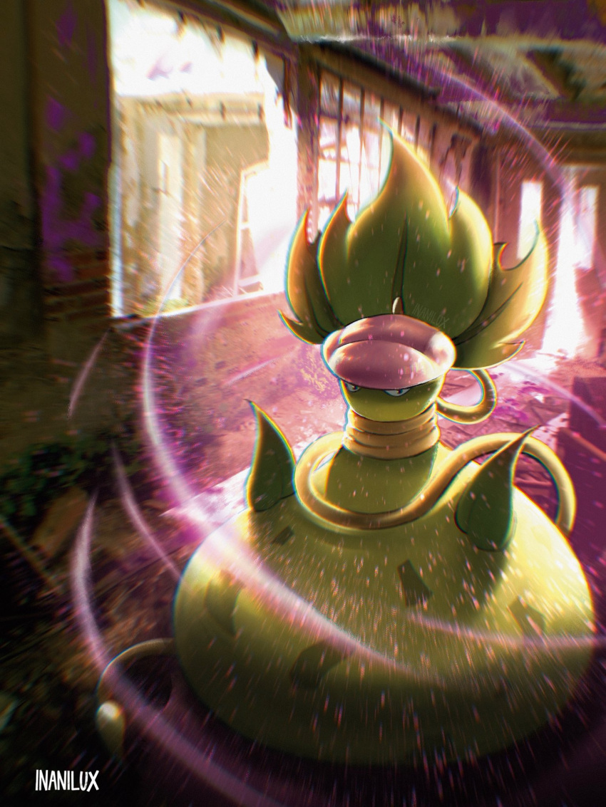 abandoned, acid, closed_mouth, colored_skin, full_body, highres, inanilux, indoors, leaf, mega_pokemon, mega_victreebel, no_humans, pink_lips, plant, plant_monster, poison, pokemon, pokemon_(creature), pokemon_focus, pokemon_legends:_z-a, solo, victreebel, vines, yellow_skin