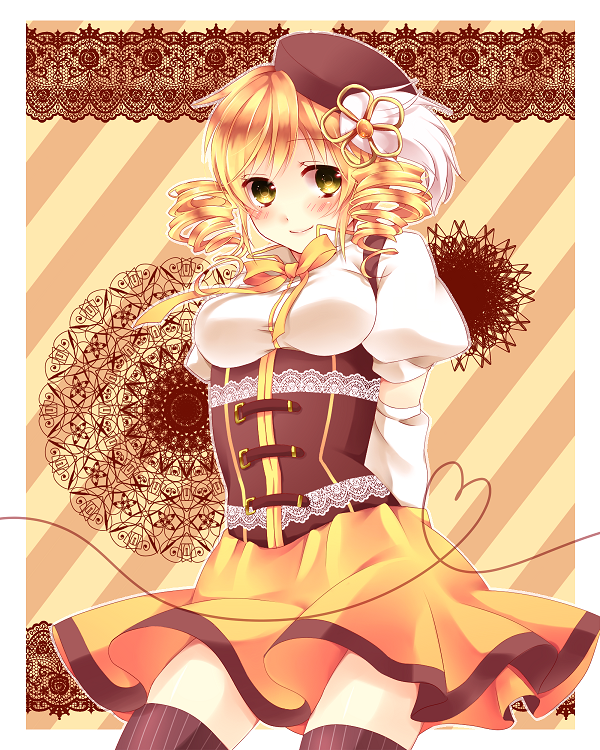 arms_behind_back, bad_id, beret, blonde_hair, blush, corset, drill_hair, embellished_costume