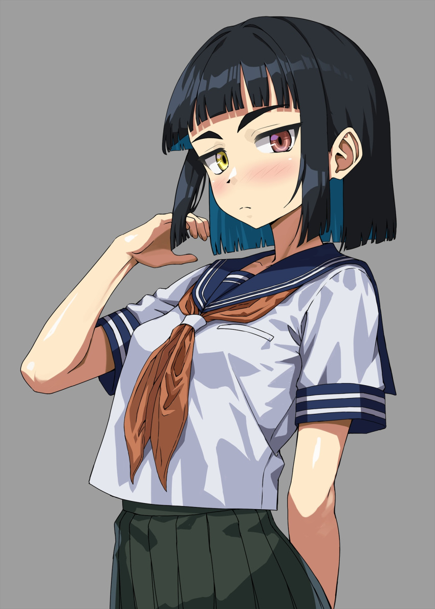 1girl, abigail_ellison, black_hair, blunt_bangs, blush, bob_cut, brown_eyes, green_skirt