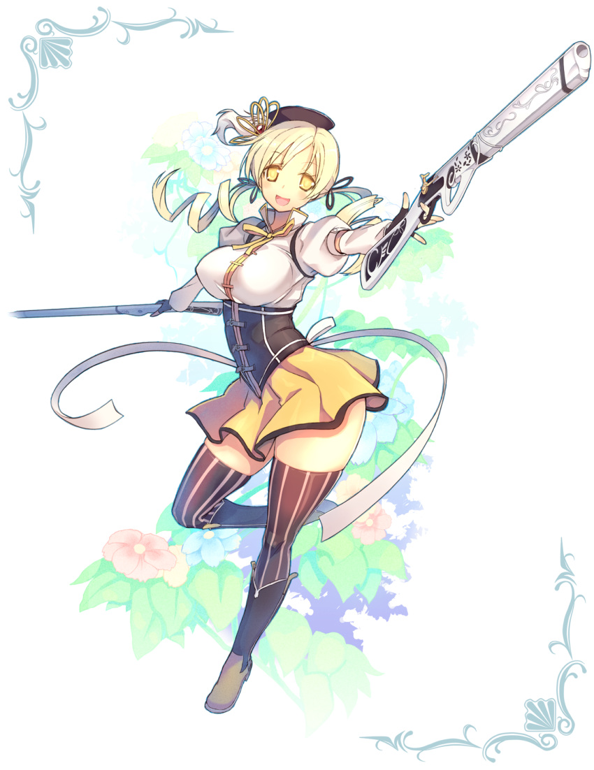 :d, blonde_hair, blush, boots, corset, drill_hair, dual_wielding, fingerless_gloves