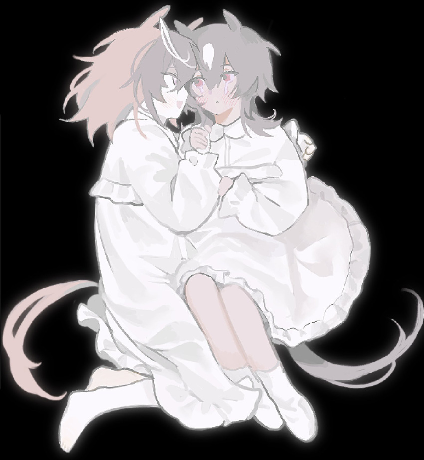 2girls, :<, aged_down, akechisu1, animal_ears, black_background, blush, bow