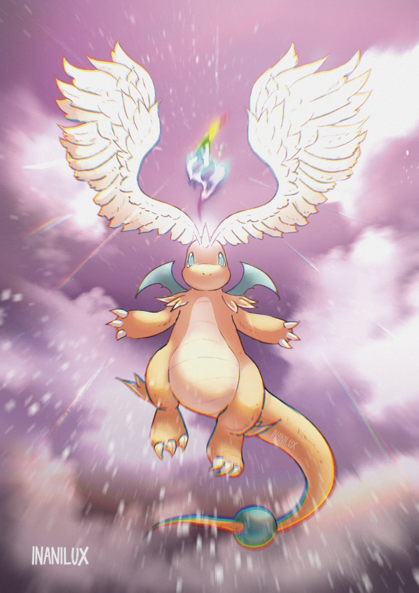 blue_eyes, claws, closed_mouth, clouds, colored_skin, dragon, dragonite, feathered_wings