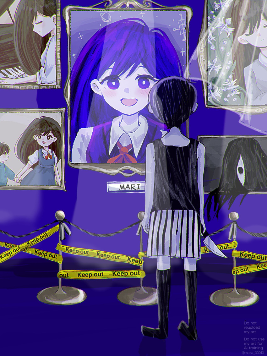 1boy, :d, antenna_hair, arms_at_sides, bare_arms, bare_shoulders, black_eyes, black_hair, black_shorts, black_socks, blue_dress, character_name, chromatic_aberration, closed_eyes, closed_mouth, collared_shirt, colored_skin, double-parted_bangs, dress, egret_orchid, english_text, field, flower, flower_field, full_body, grand_piano, hair_behind_ear, hair_between_eyes, highres, holding, holding_hands, holding_knife, indoors, instrument, kneehighs, knife, long_hair, looking_at_viewer, lying, mari_(faraway)_(omori), mari_(headspace)_(omori), mari_(omori), medium_dress, moka_00010, music, neckerchief, no_shoes, omori, omori_(omori), on_back, open_mouth, piano, pinafore_dress, playing_instrument, playing_piano, portrait_(object), puffy_short_sleeves, puffy_sleeves, purple_hair, purple_sweater_vest, red_neckerchief, shirt, short_hair, short_sleeves, shorts, sleeveless, sleeveless_dress, smile, socks, something_(omori), sparkle, spotlight, standing, striped_clothes, striped_shorts, sunny_(omori), sweater_vest, swept_bangs, teeth, two-tone_shorts, u_u, upper_teeth_only, vertical-striped_clothes, vertical-striped_shorts, violet_eyes, white_flower, white_shirt, white_shorts, white_skin