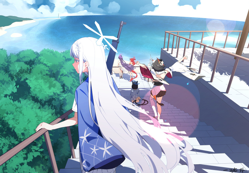 5girls, absurdres, animal_ears, back, beach, black_hair, blue_archive, blue_halo