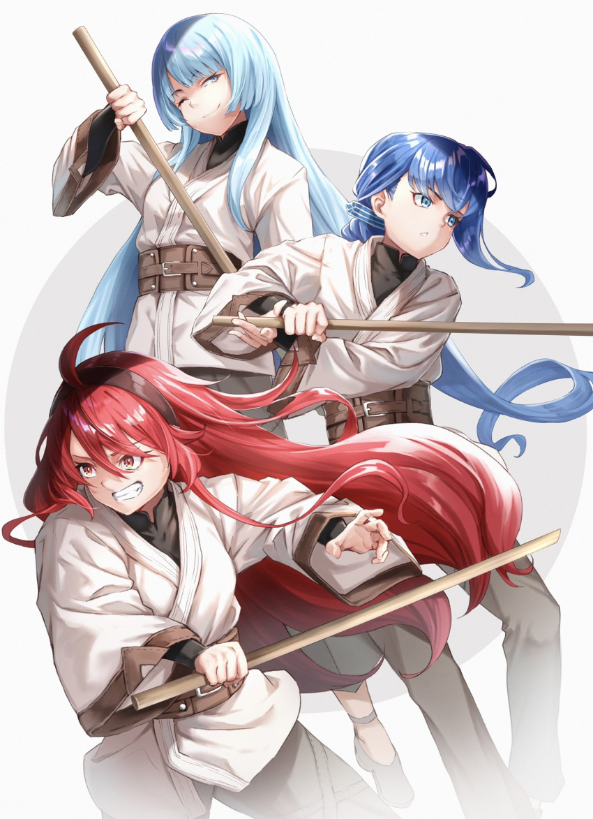 3girls, blue_hair, eris_greyrat, highres, hime_cut, isolte_cruel, japanese_clothes, kimono, long_hair, m.tokotsu, multiple_girls, mushoku_tensei, nina_farion, one_eye_closed, red_hair, smile, sword, weapon, white_kimono, wooden_sword