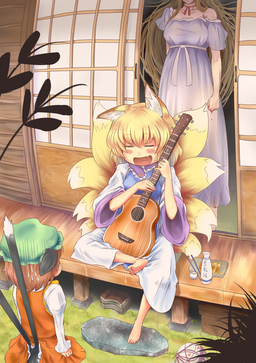 acoustic_guitar, angry, animal_ears, barefoot, blonde_hair, blood, brown_hair, cat_ears